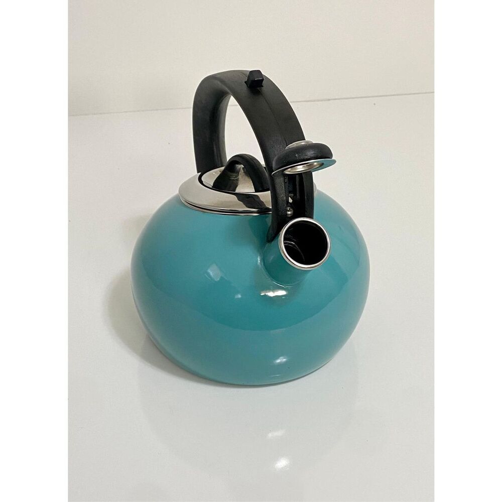 Enamel-on-Steel Whistling Tea Kettle 2.3 Quart Anti-Hot Folding Handle Turquoise - Picture 4 of 8